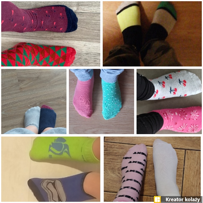 Collage ze zdjęciami stóp dzieci w kolorowych skarpetkach