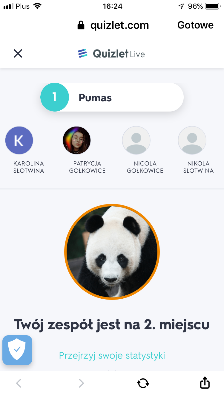 Screen spotknia na towarzyskich rozgrywkach w Quizlet live.