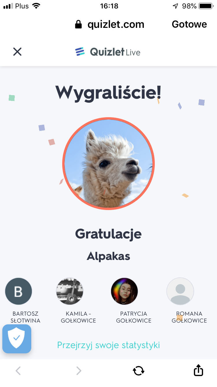 Screen spotknia na towarzyskich rozgrywkach w Quizlet live.