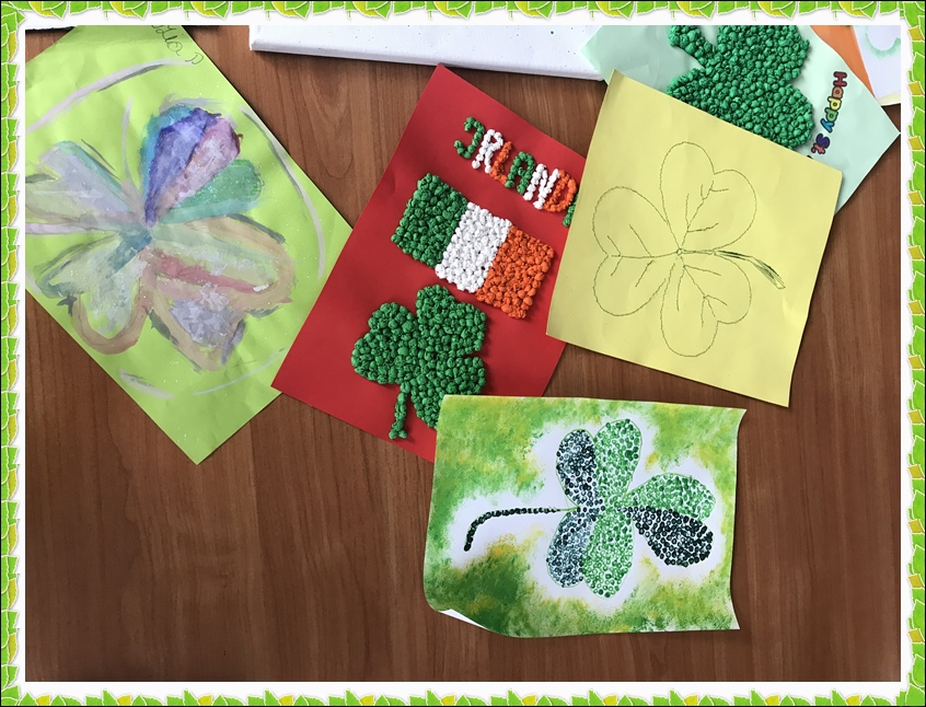 Prace plastyczne wykonane różnymi technikami, przedstawiające koniczynę - symbol Irlandii