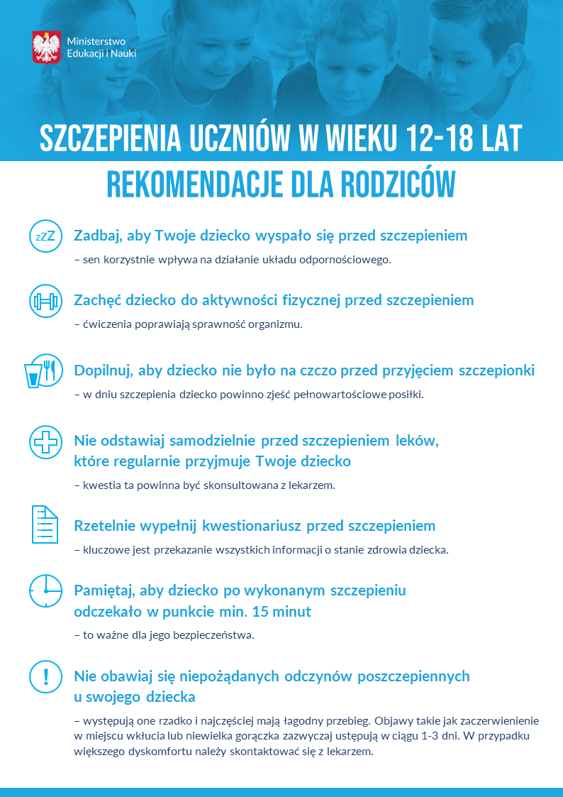 Plakat informacyjny dla rodziców dotyczący szczepień dzieci w wieku 12-16 lat