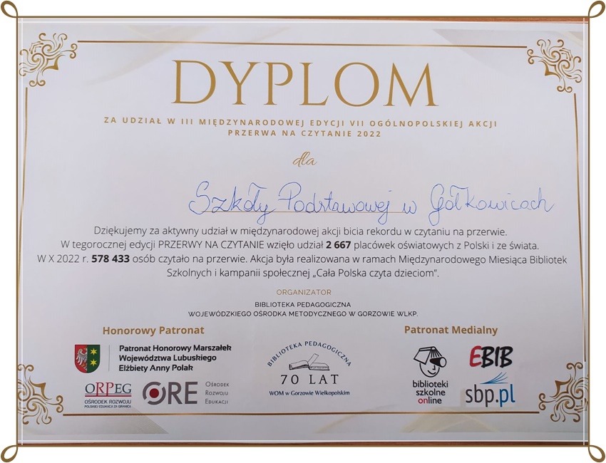Dyplom dla szkoły za udział w akcji Czytanie na przerwie