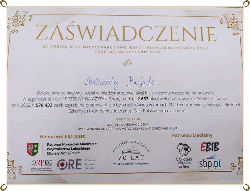 Dyplom dla szkoły za udział w akcji Czytanie na przerwie