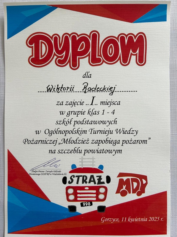 Dyplom dla Wiktorii za zajęcie I miejsca